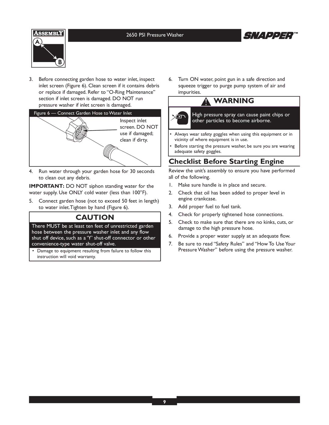 Briggs & Stratton 2650 PSI manual Checklist Before Starting Engine, Connect Garden Hose to Water Inlet 