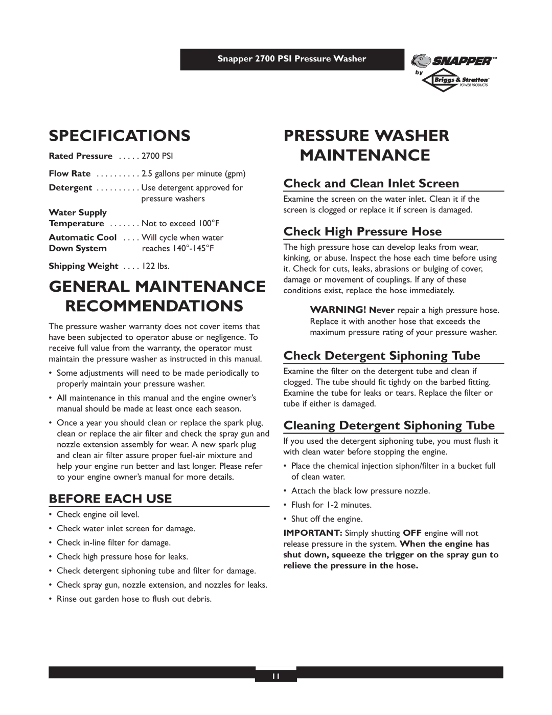 Briggs & Stratton 2700PSI owner manual Specifications, General Maintenance Recommendations, Pressure Washer Maintenance 