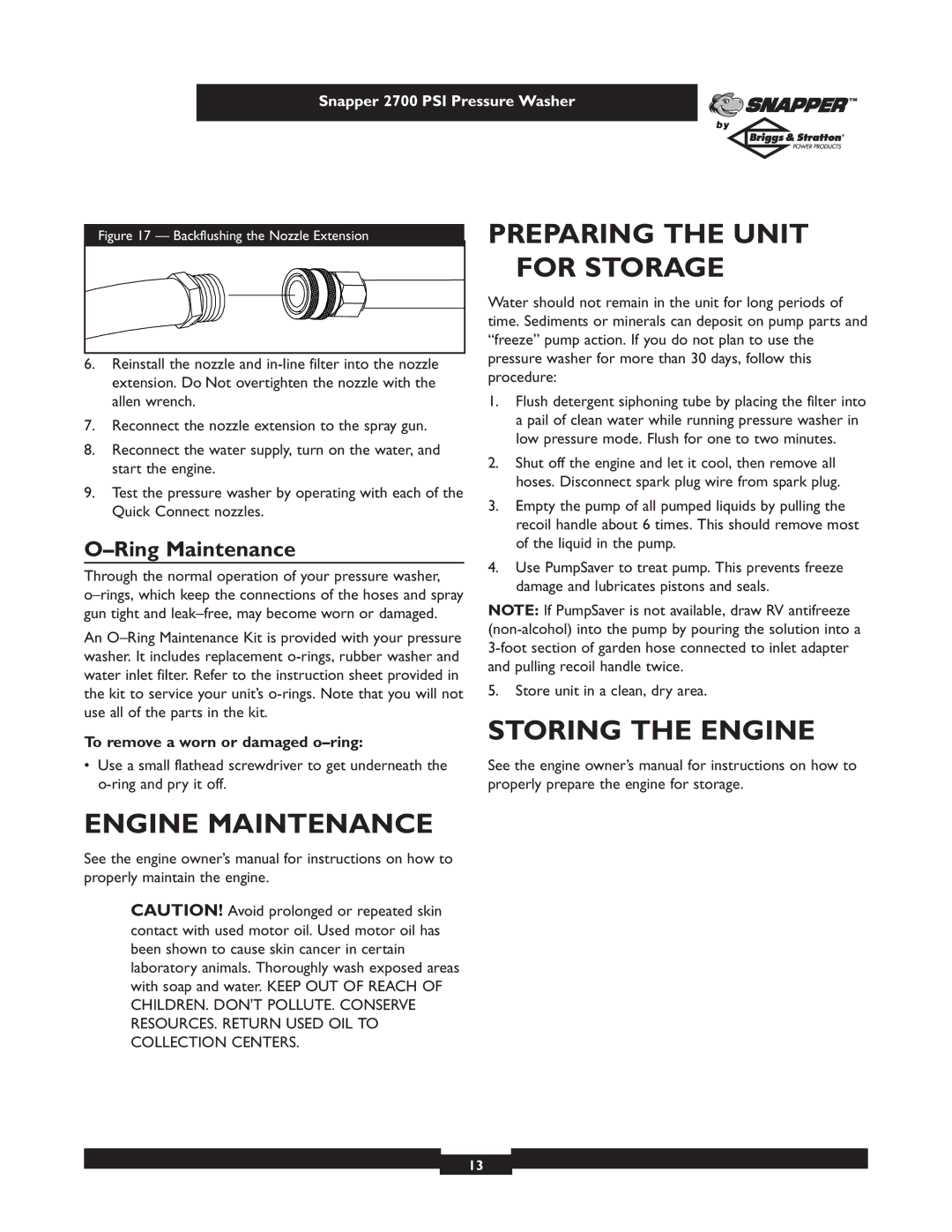 Briggs & Stratton 2700PSI Preparing the Unit for Storage, Storing the Engine Engine Maintenance, Ring Maintenance 