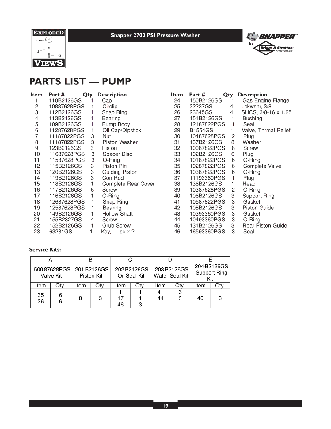 Briggs & Stratton 2700PSI owner manual Parts List Pump, Service Kits 