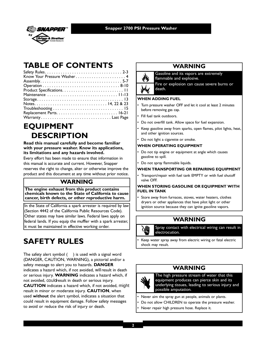 Briggs & Stratton 2700PSI owner manual Table of Contents, Equipment Description, Safety Rules 