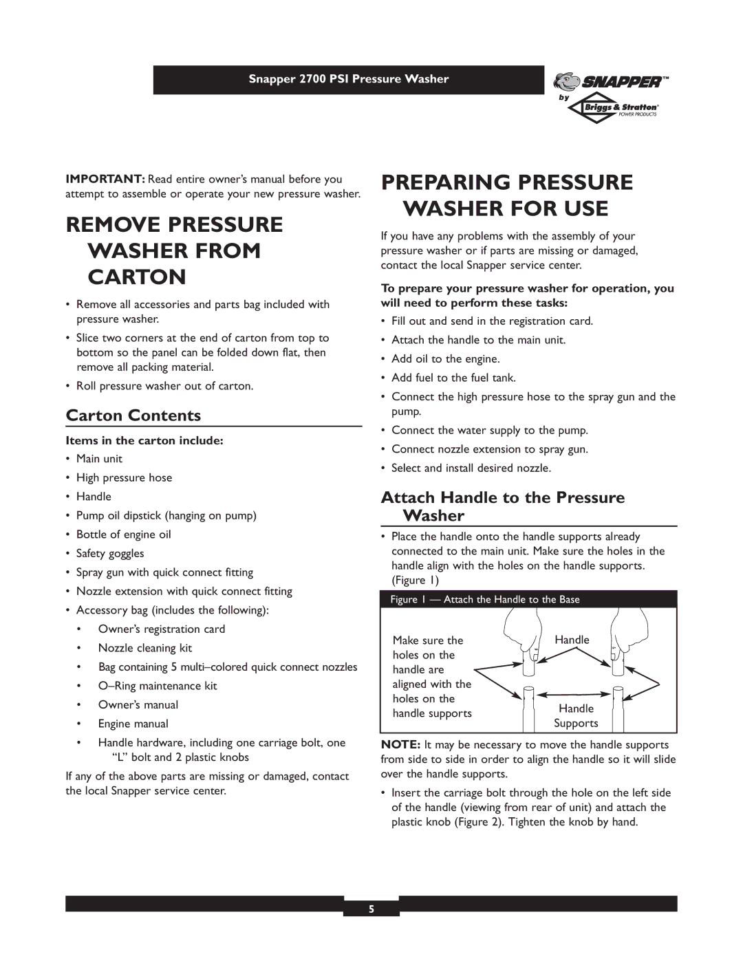 Briggs & Stratton 2700PSI owner manual Remove Pressure Washer from Carton, Washer for USE, Carton Contents 