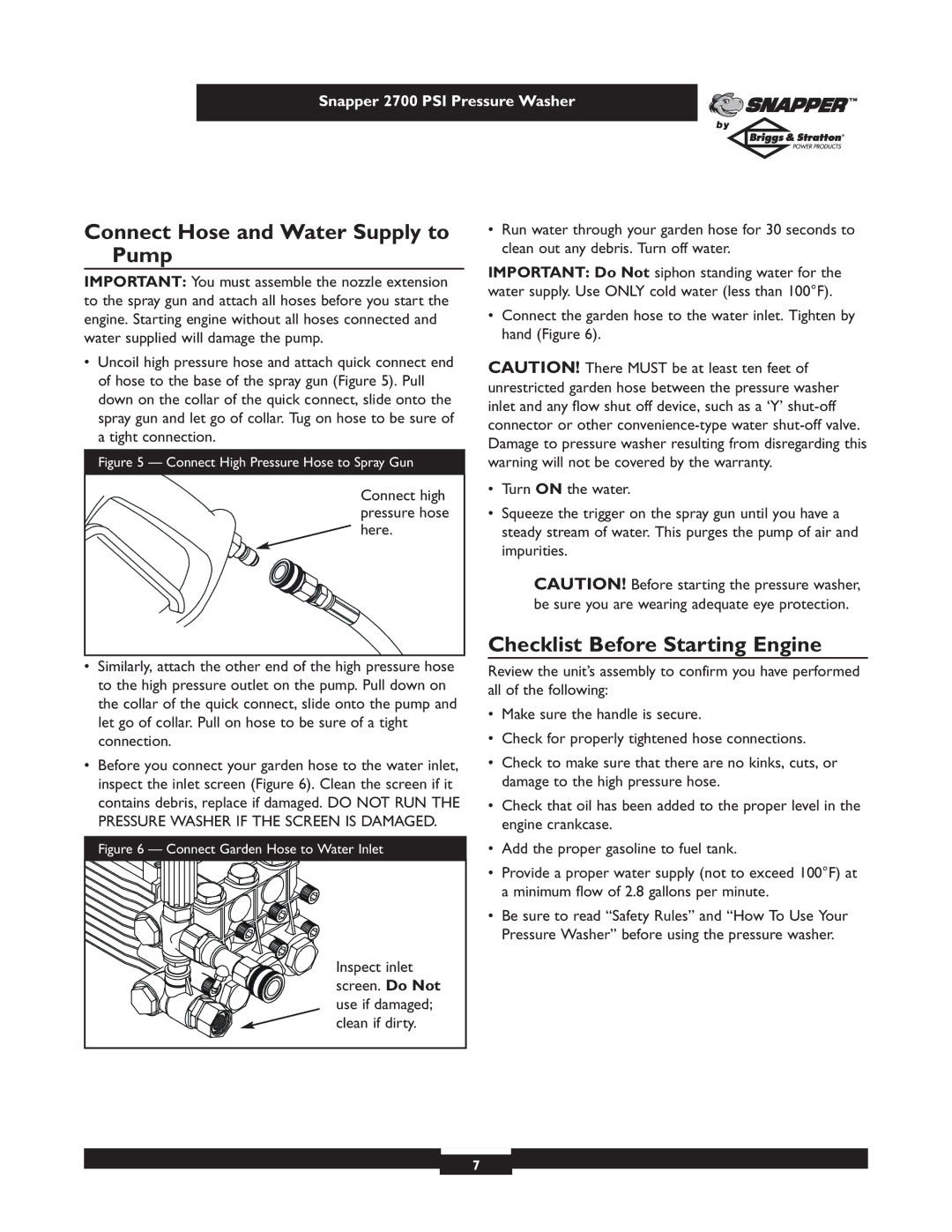 Briggs & Stratton 2700PSI owner manual Connect Hose and Water Supply to Pump, Checklist Before Starting Engine 