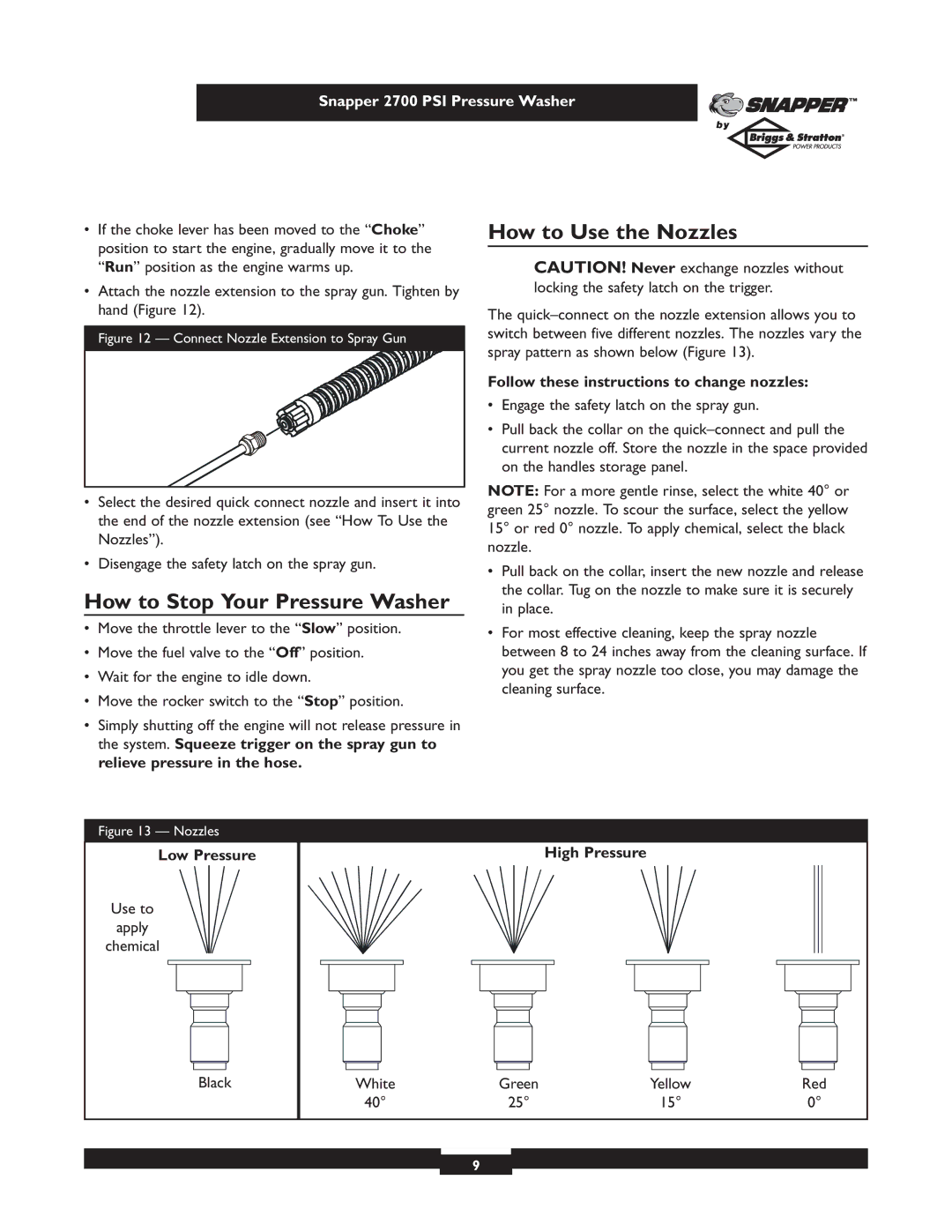 Briggs & Stratton 2700PSI How to Stop Your Pressure Washer, How to Use the Nozzles, Low Pressure, High Pressure 