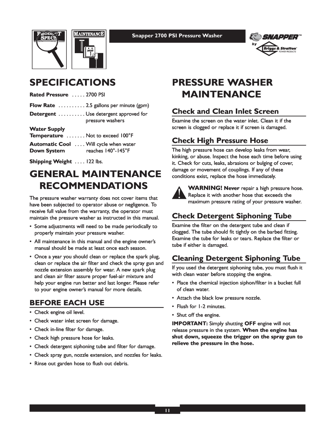 Briggs & Stratton 2700PSI Specifications, General Maintenance Recommendations, Pressure Washer Maintenance, Water Supply 