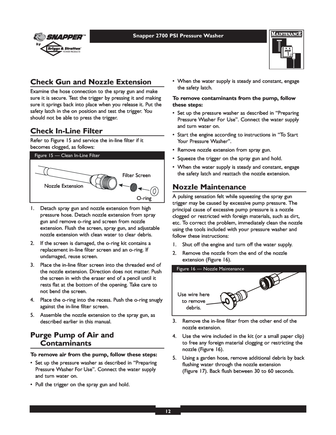 Briggs & Stratton 2700PSI owner manual Check Gun and Nozzle Extension, Check In-Line Filter, Nozzle Maintenance 