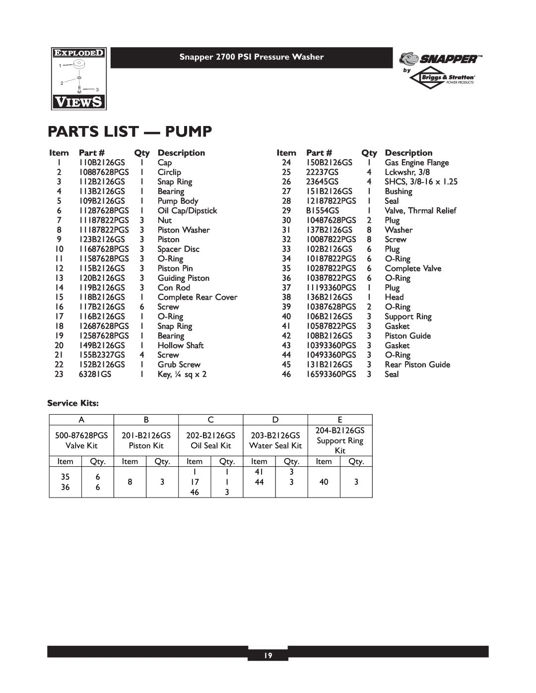 Briggs & Stratton 2700PSI owner manual Parts List - Pump, Service Kits, Snapper 2700 PSI Pressure Washer, Description 