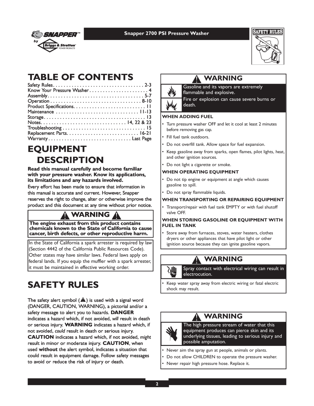 Briggs & Stratton 2700PSI Table Of Contents, Equipment Description, Safety Rules, Snapper 2700 PSI Pressure Washer 