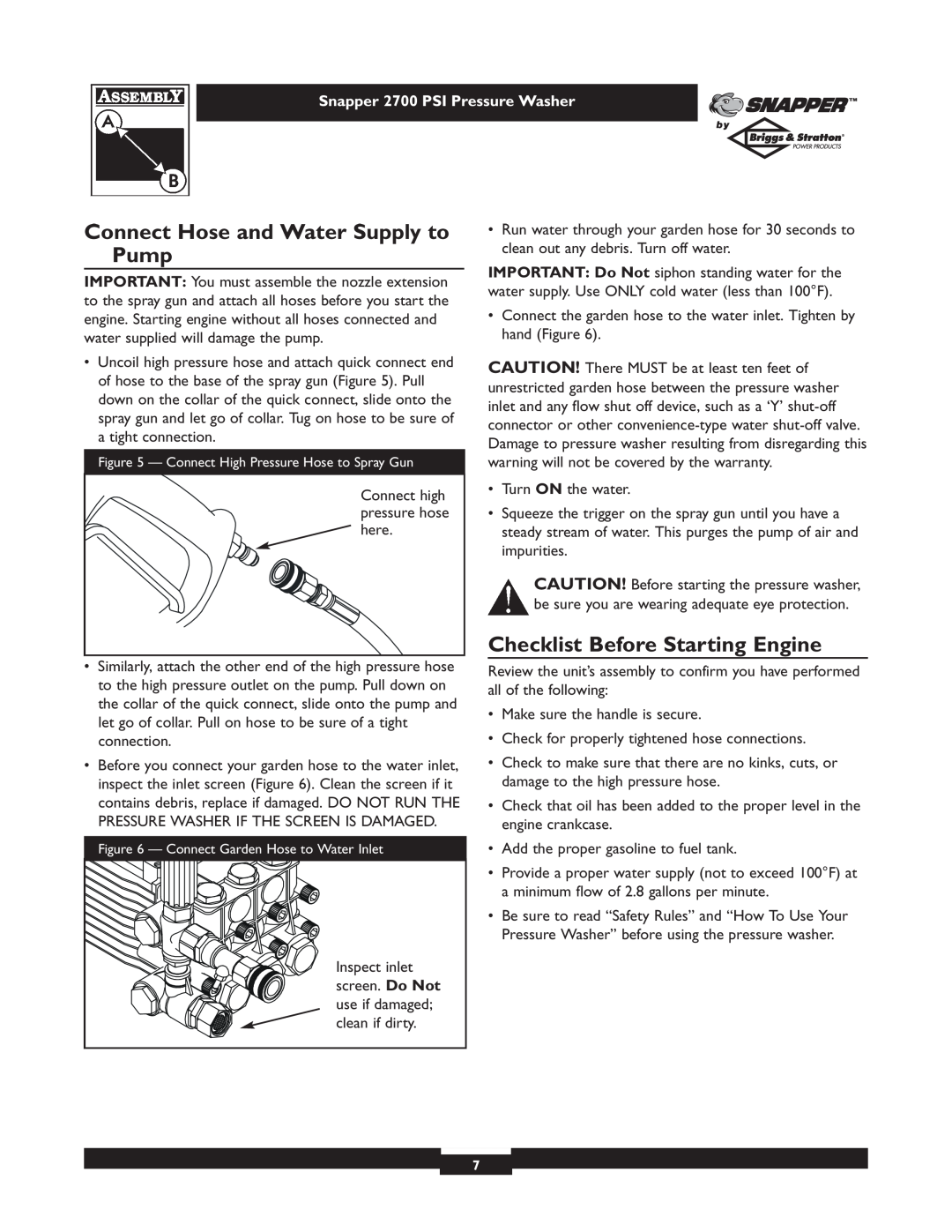 Briggs & Stratton 2700PSI owner manual Connect Hose and Water Supply to Pump, Checklist Before Starting Engine 