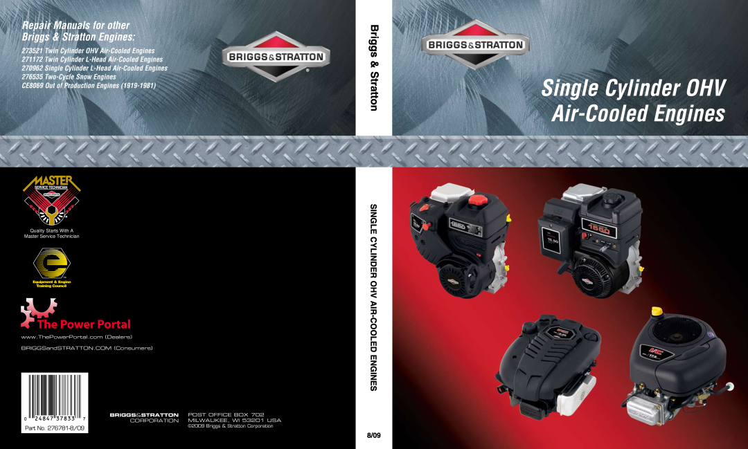 Briggs & Stratton 270962 manual Briggs & ledooStratton, Single Cylinder OHV Air-CooledEngines, Repair Manuals for other 