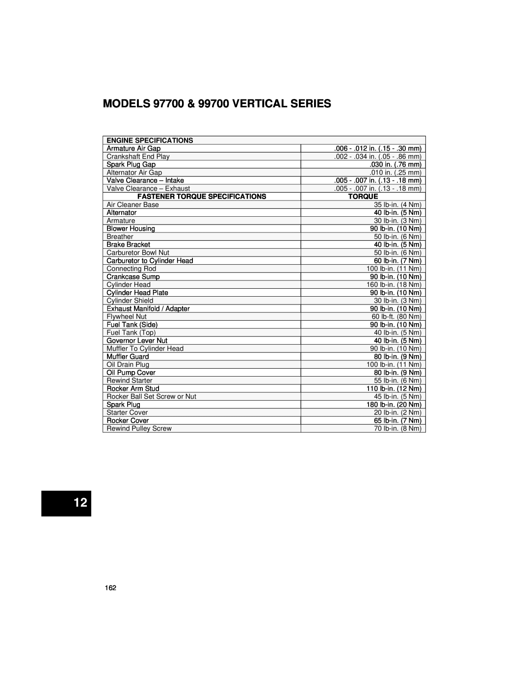 Briggs & Stratton 271172 manual MODELS 97700 & 99700 VERTICAL SERIES, Engine Specifications, Fastener Torque Specifications 