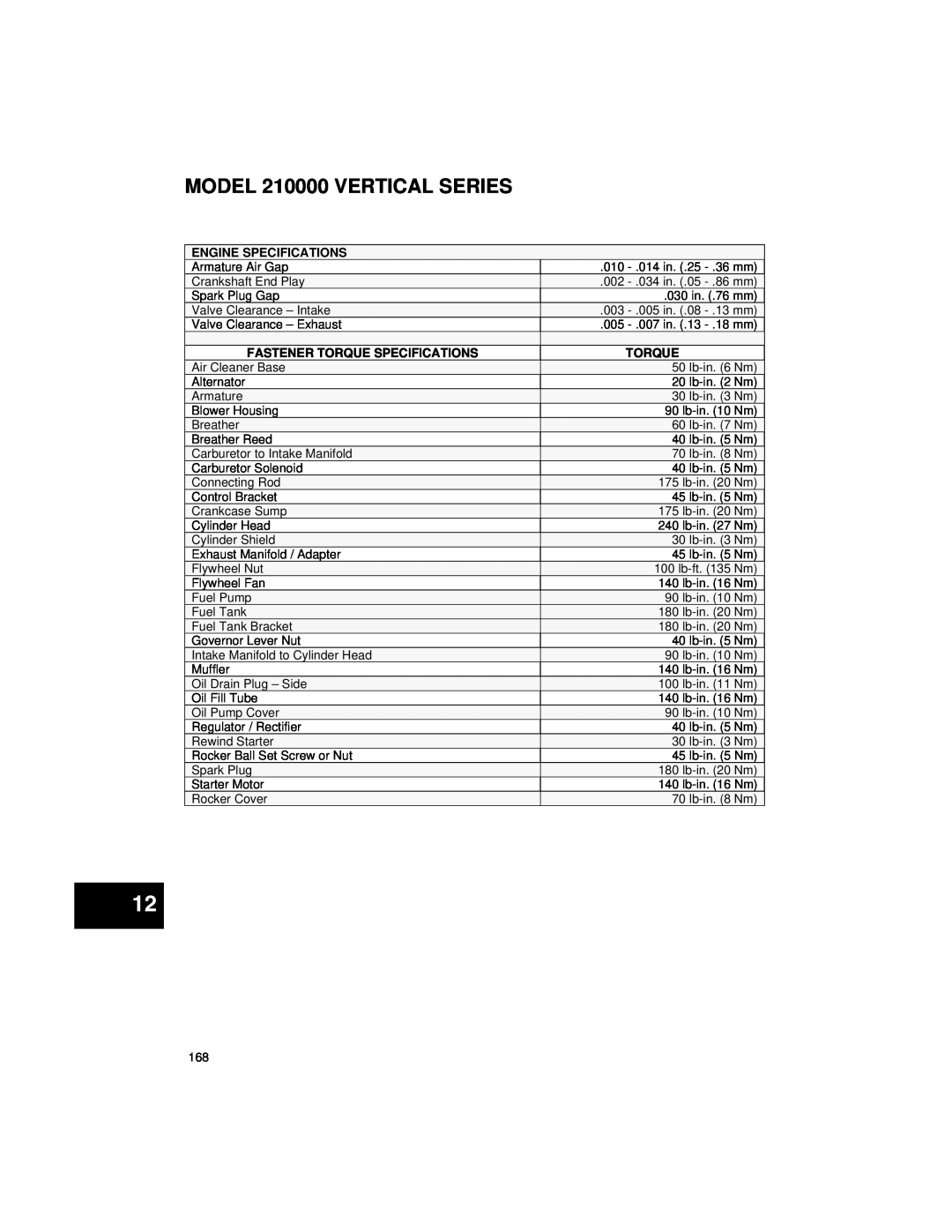 Briggs & Stratton 270962, 271172 manual MODEL 210000 VERTICAL SERIES, Engine Specifications, Fastener Torque Specifications 