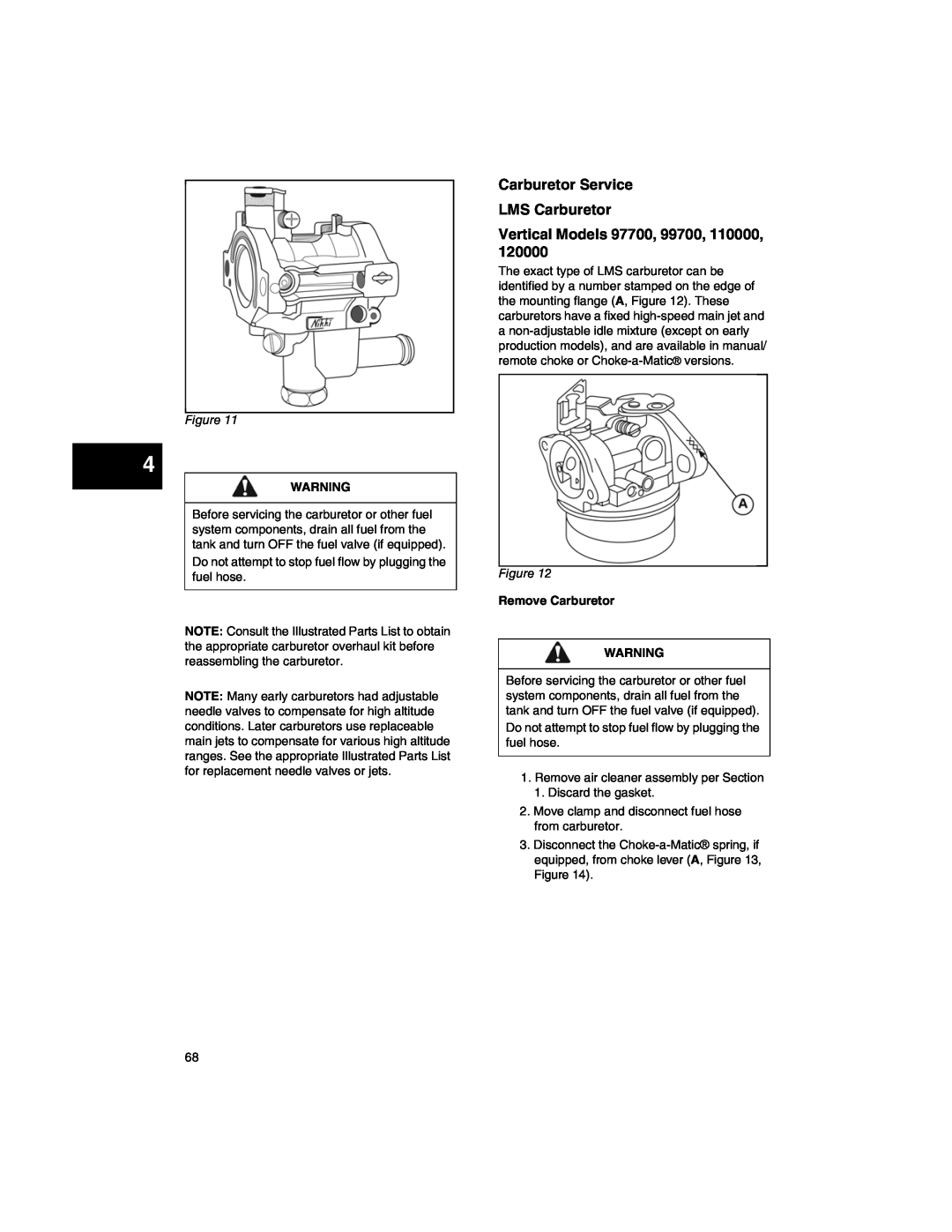 Briggs & Stratton 270962 manual Carburetor Service LMS Carburetor, Vertical Models 97700, 99700, 110000, Remove Carburetor 
