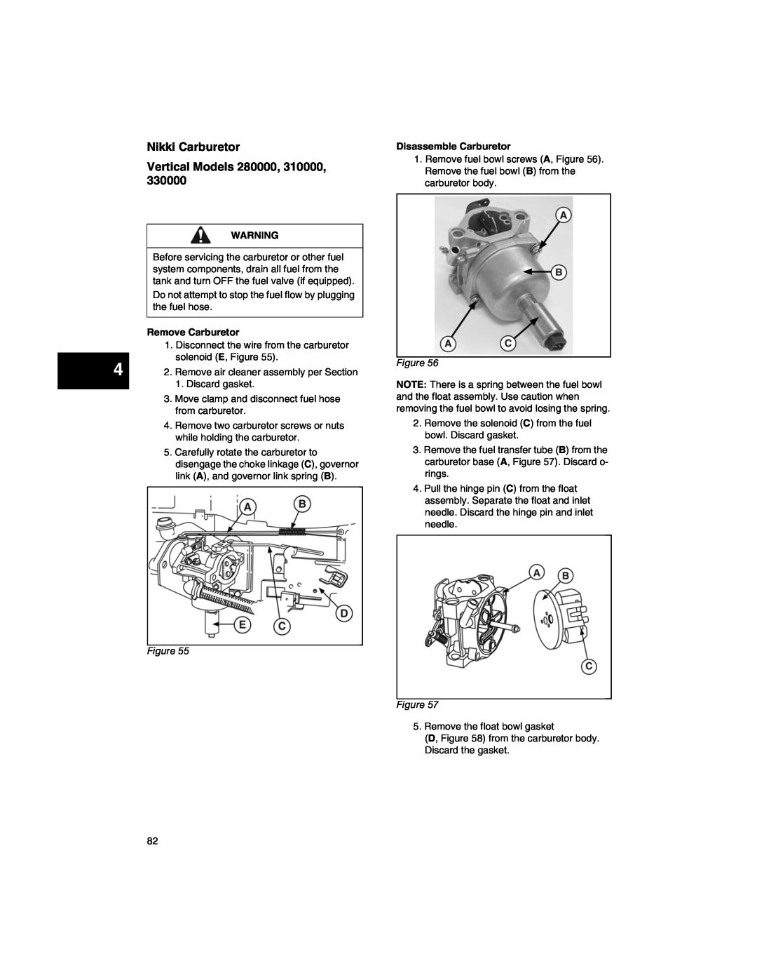 Briggs & Stratton 271172 manual Nikki Carburetor Vertical Models 280000, 310000, Remove Carburetor, Disassemble Carburetor 