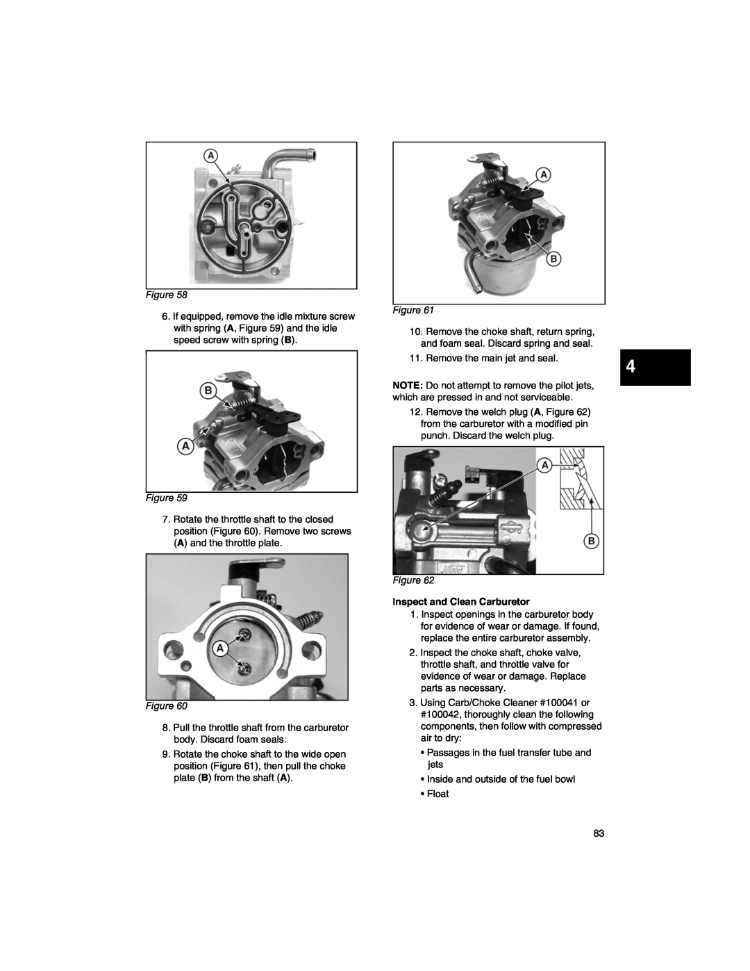 Briggs & Stratton 270962, 271172, CE8069, 276535, 273521 manual Remove the main jet and seal, Inspect and Clean Carburetor 
