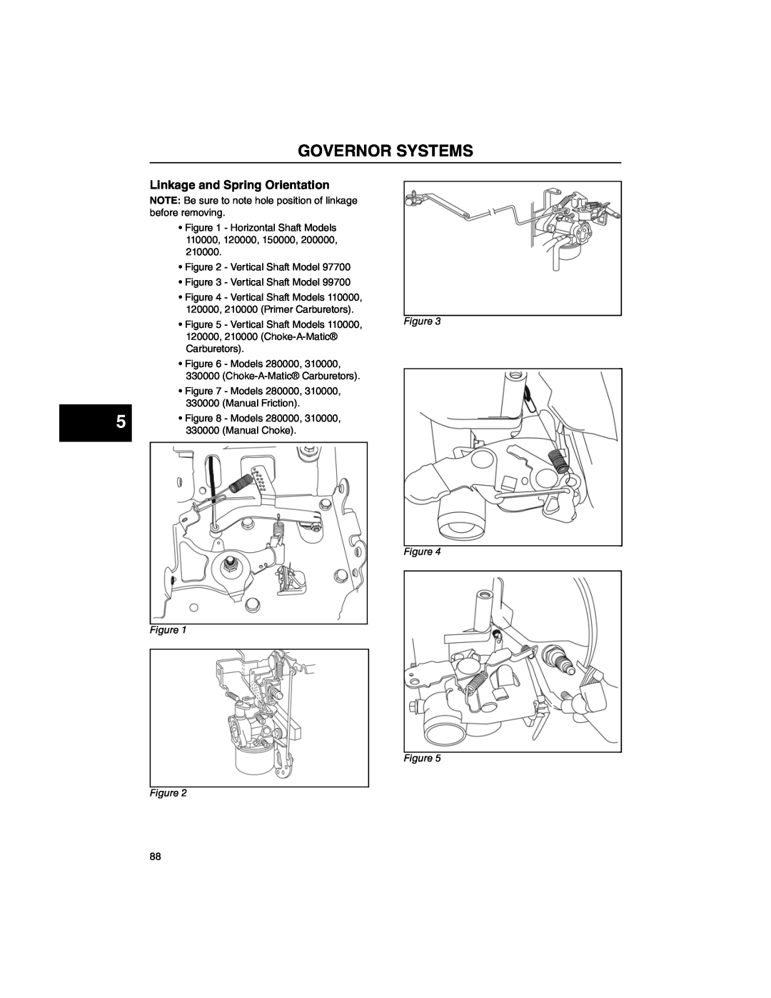 Briggs & Stratton 270962, 271172, CE8069, 276535, 273521 manual Governor Systems, Linkage and Spring Orientation 