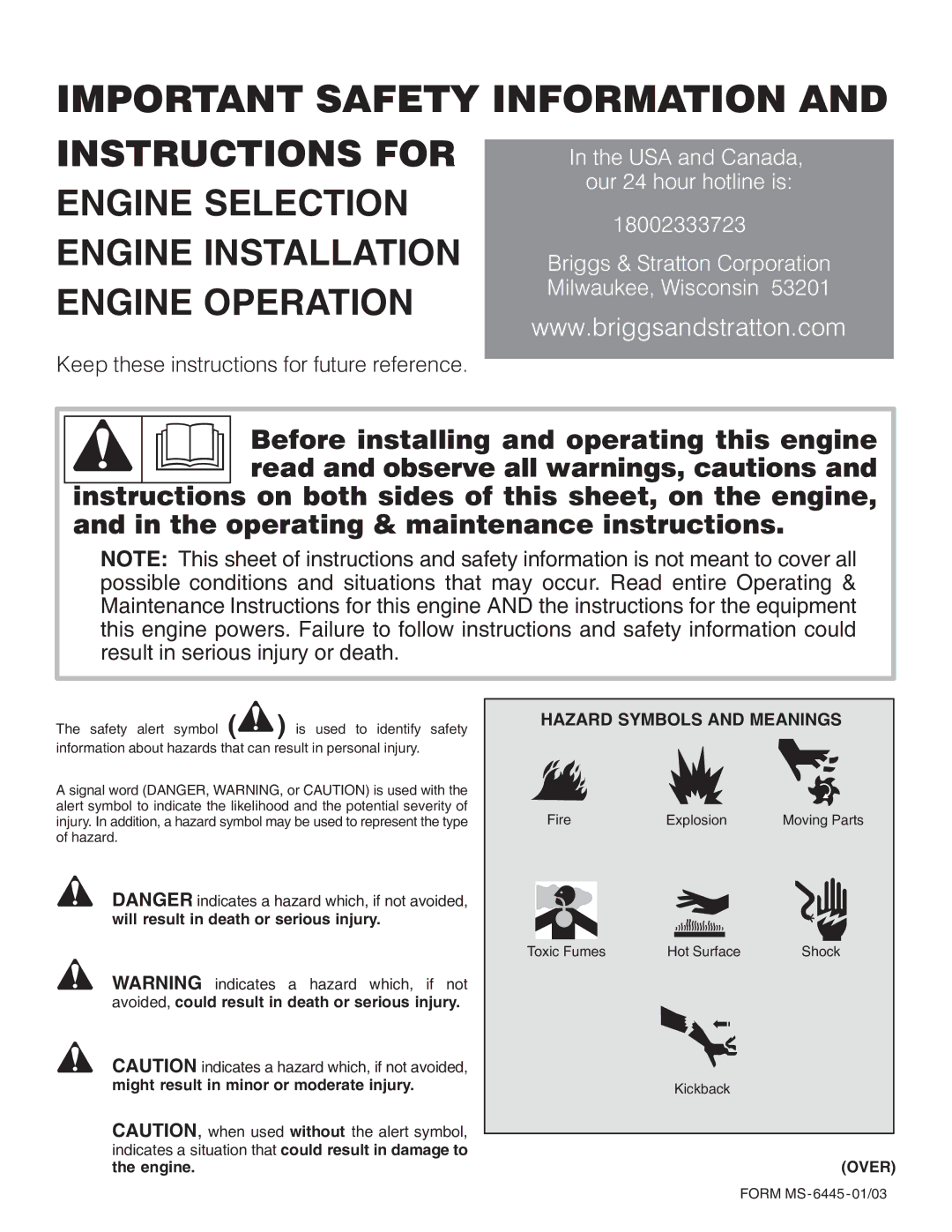 Briggs & Stratton 272484 manual Important Safety Information 