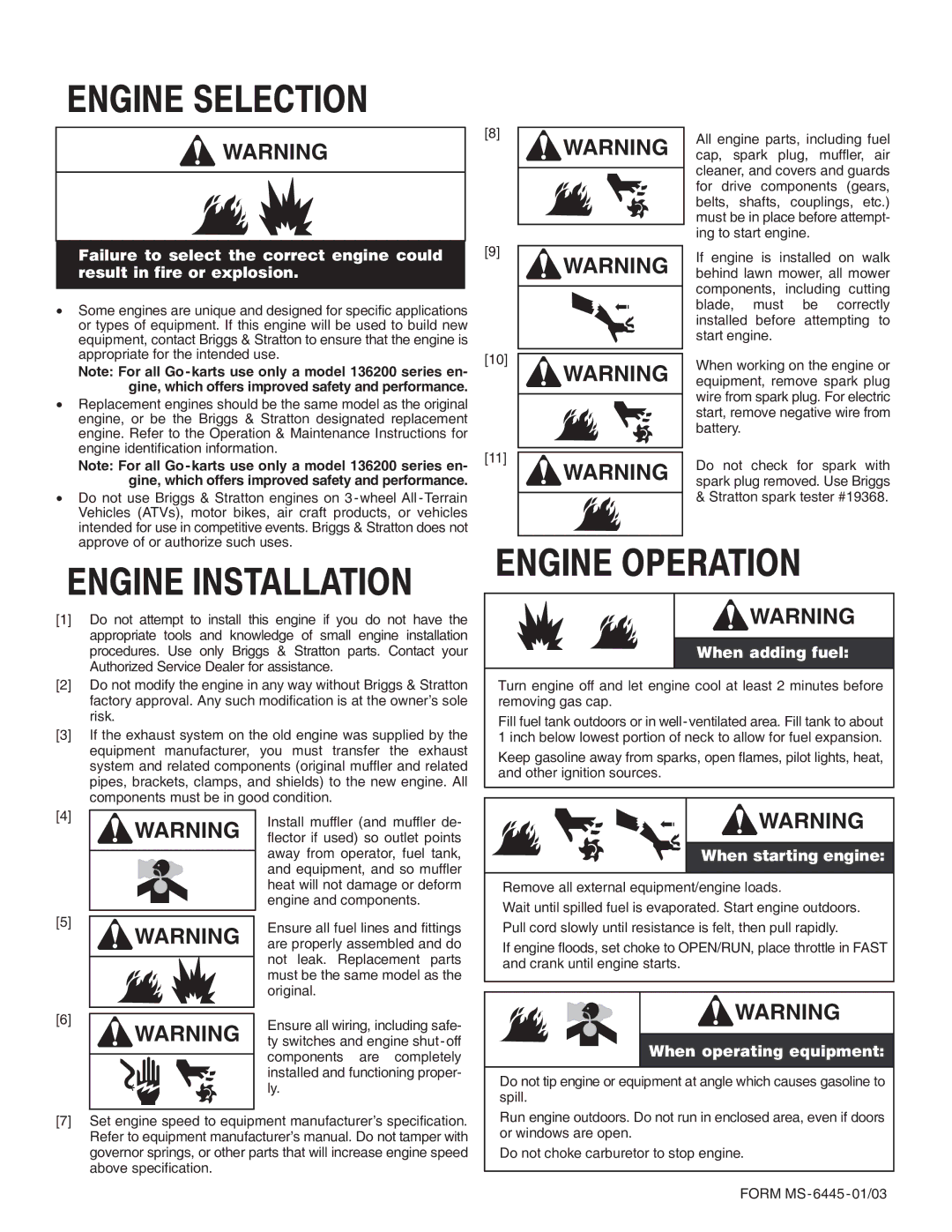 Briggs & Stratton 272484 manual Engine Selection 