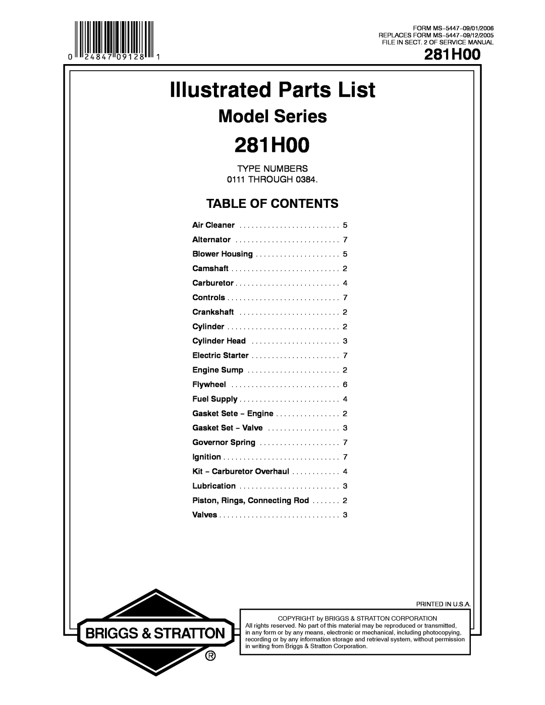 Briggs & Stratton 281H00 service manual Model Series, Illustrated Parts List, Table Of Contents, TYPE NUMBERS 0111 THROUGH 