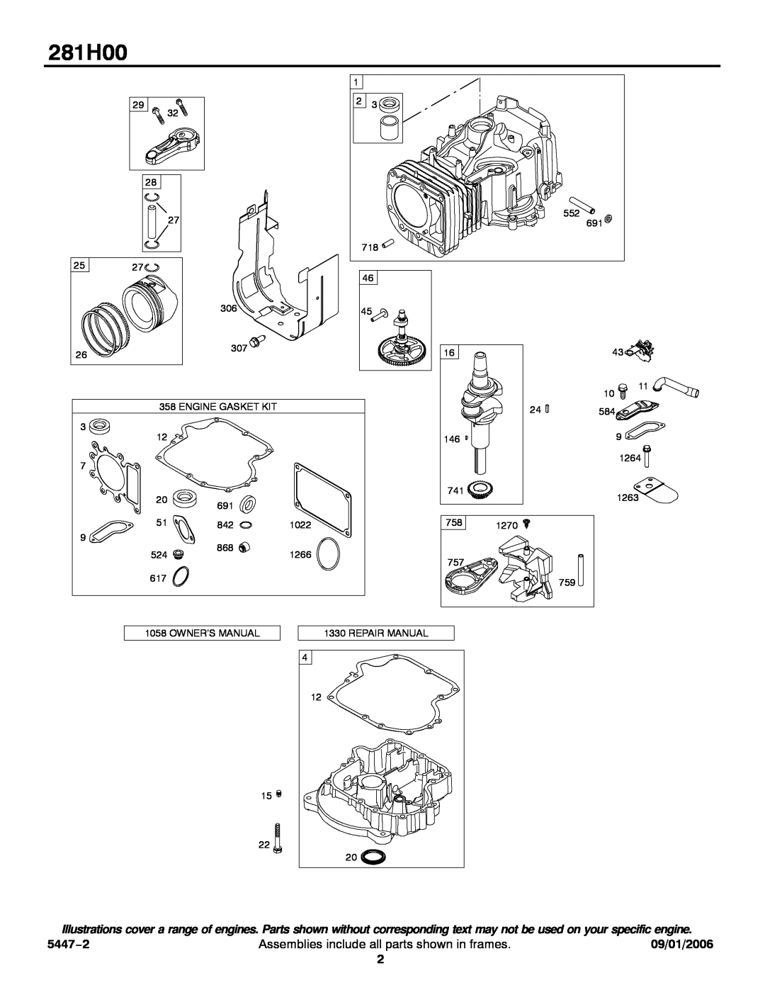 Briggs & Stratton 281H00 service manual 5447−2, Assemblies include all parts shown in frames, 09/01/2006 