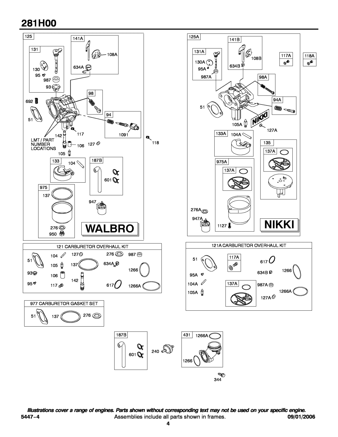 Briggs & Stratton 281H00 service manual Nikki, 5447−4, Walbro, Assemblies include all parts shown in frames, 09/01/2006 