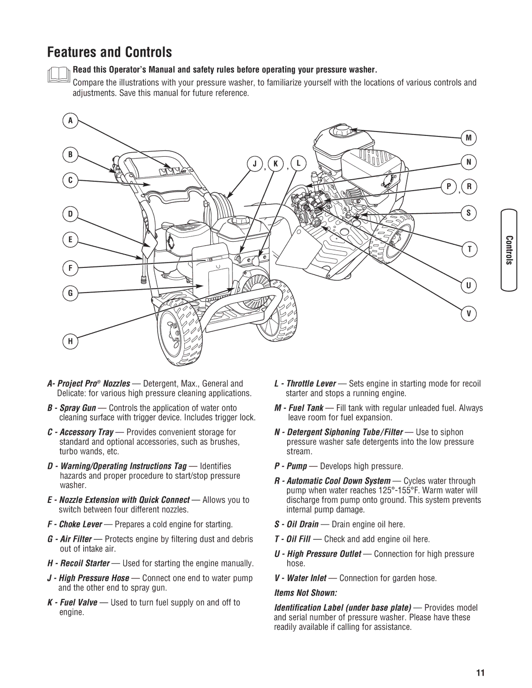 Briggs & Stratton 2900 PSI Features and Controls, Pump Develops high pressure, Water Inlet Connection for garden hose 