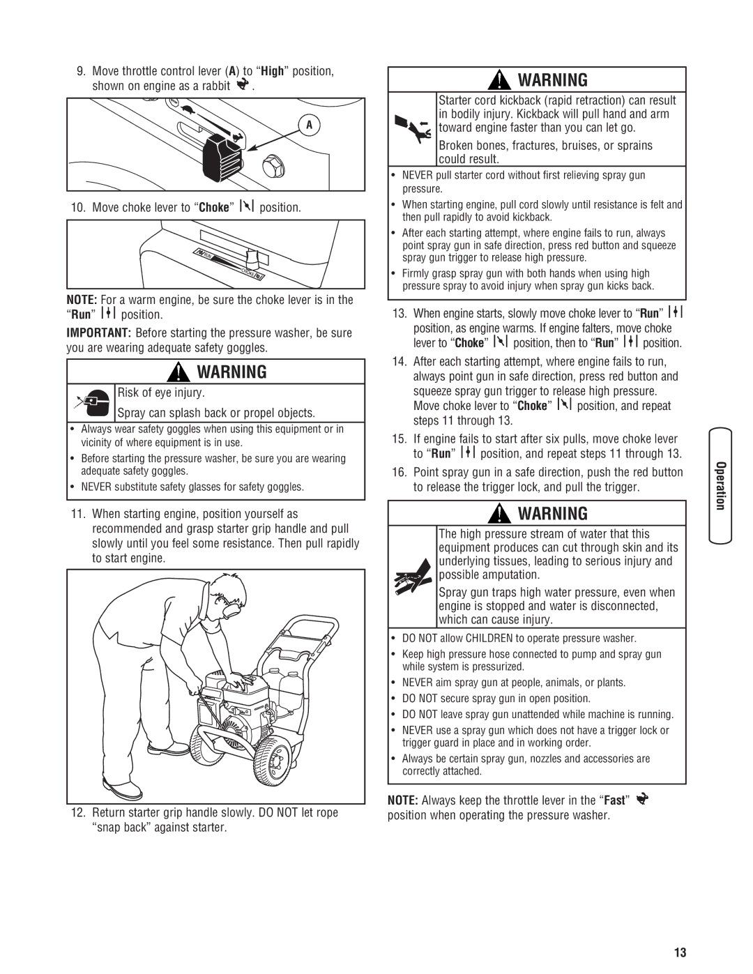 Briggs & Stratton 2900 PSI manual Broken bones, fractures, bruises, or sprains could result 