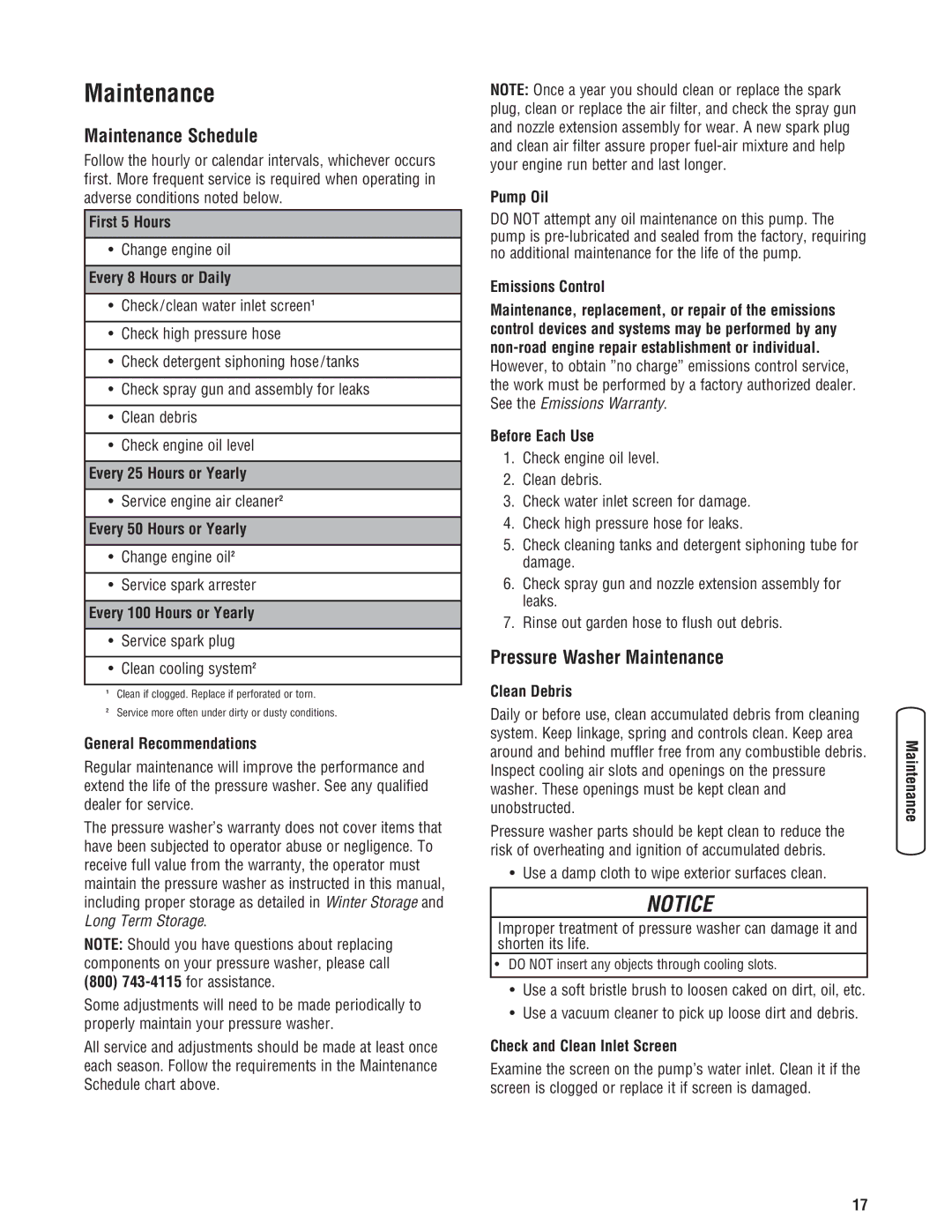 Briggs & Stratton 2900 PSI manual Maintenance Schedule, Pressure Washer Maintenance 