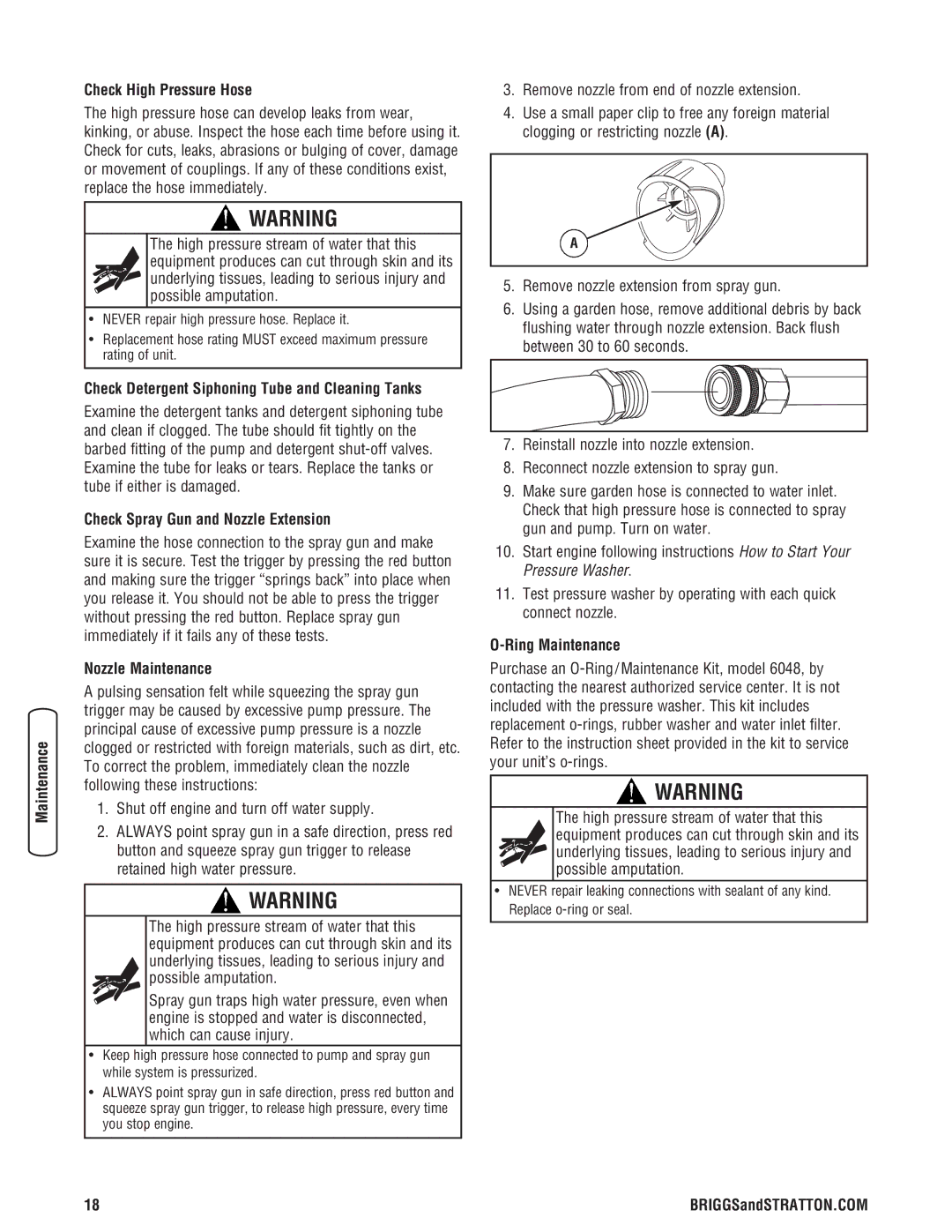 Briggs & Stratton 2900 PSI Check High Pressure Hose, Check Detergent Siphoning Tube and Cleaning Tanks, Nozzle Maintenance 