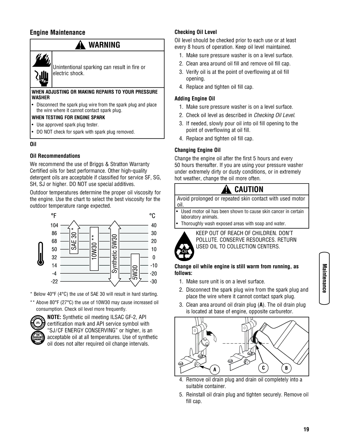 Briggs & Stratton 2900 PSI manual Engine Maintenance, Oil Oil Recommendations, Checking Oil Level, Adding Engine Oil 