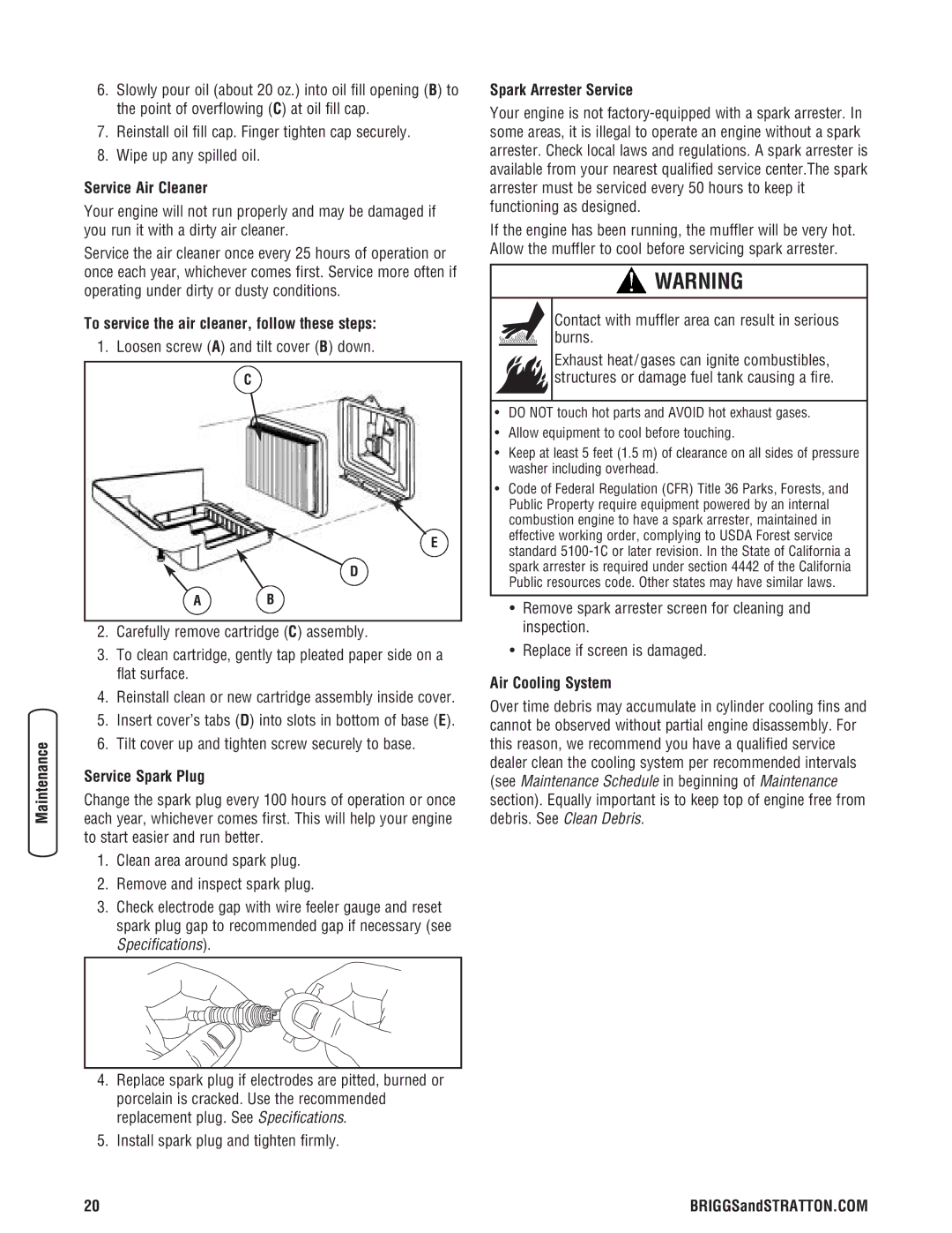 Briggs & Stratton 2900 PSI manual Service Air Cleaner, To service the air cleaner, follow these steps, Service Spark Plug 