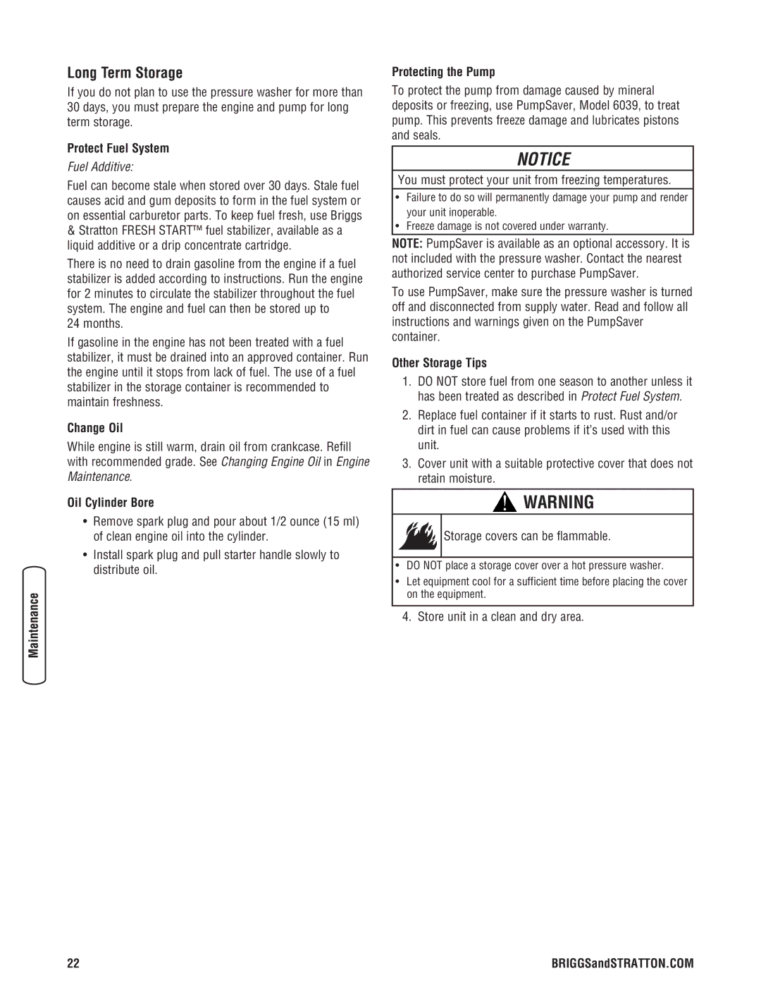 Briggs & Stratton 2900 PSI manual Long Term Storage 