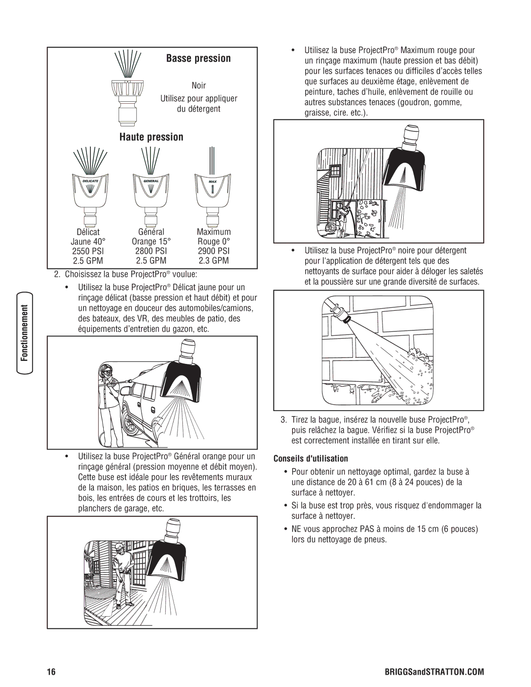 Briggs & Stratton 2900 PSI manual Basse pression, Noir, Haute pression, Choisissez la buse ProjectPro voulue 