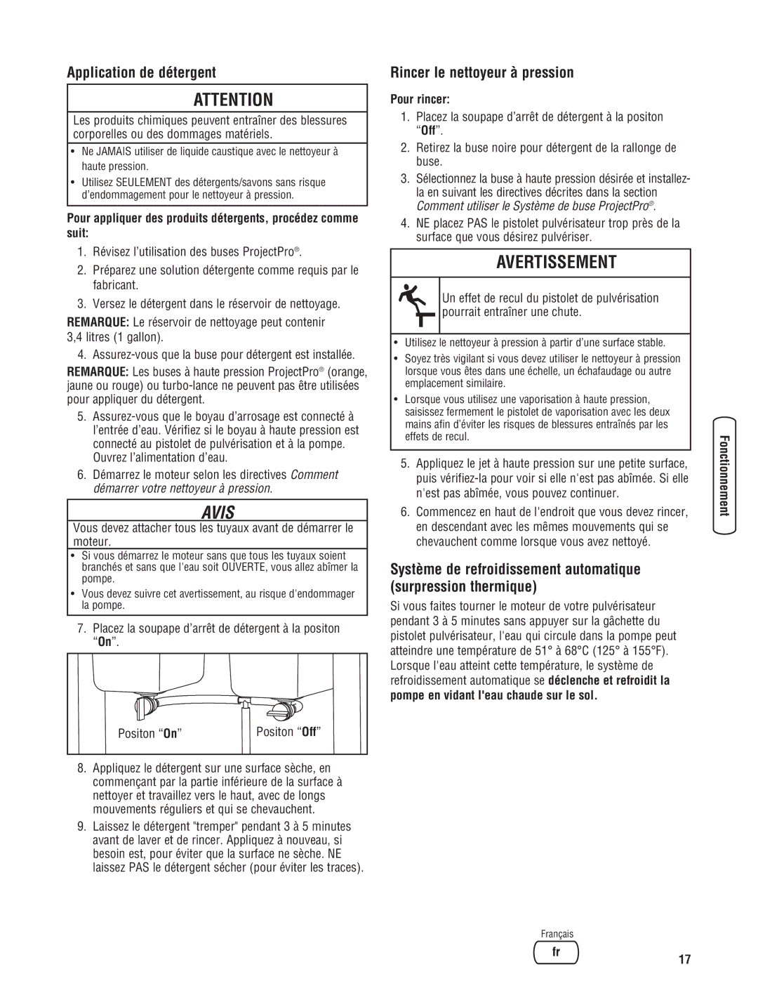 Briggs & Stratton 2900 PSI manual Application de détergent, Rincer le nettoyeur à pression, Pour rincer 