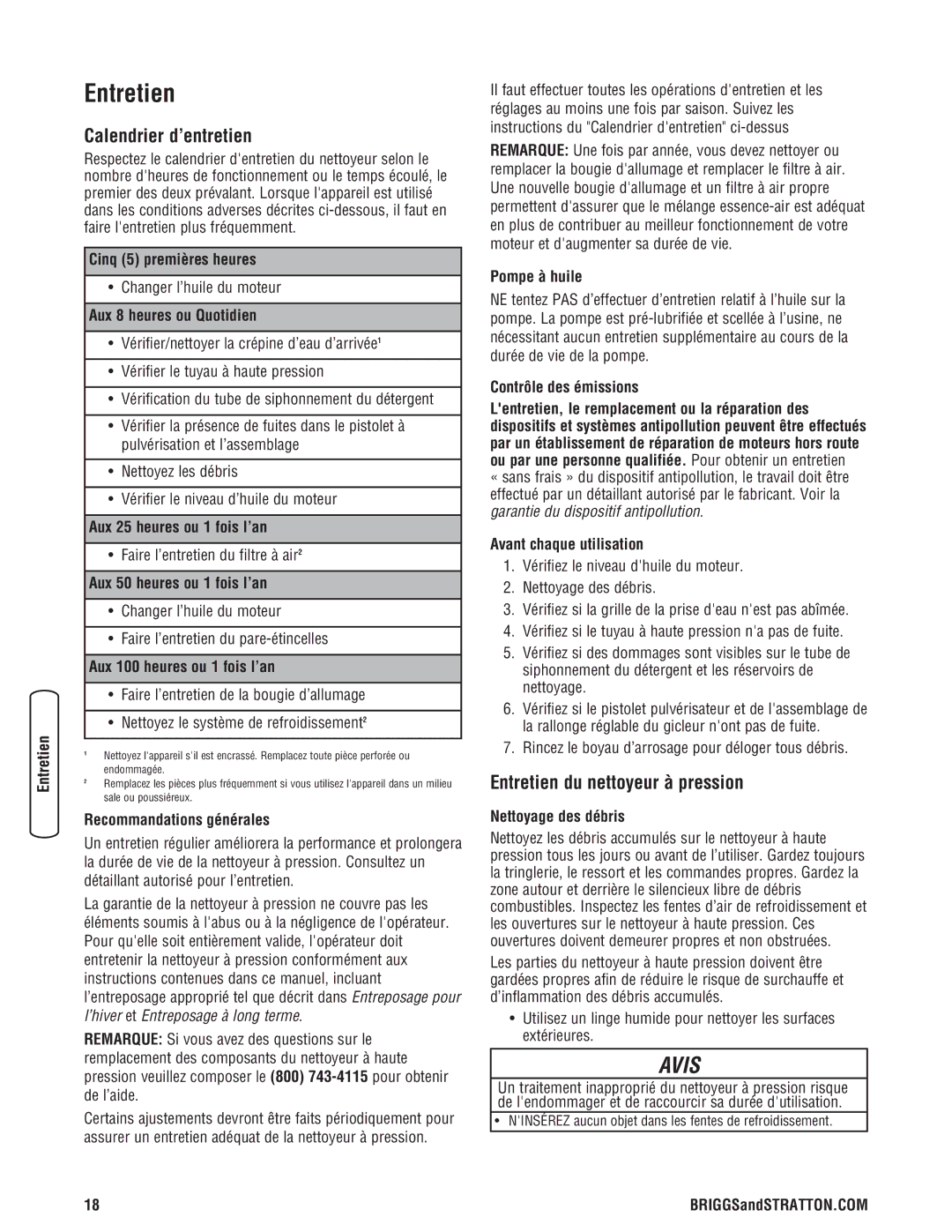 Briggs & Stratton 2900 PSI manual Calendrier d’entretien, Entretien du nettoyeur à pression 