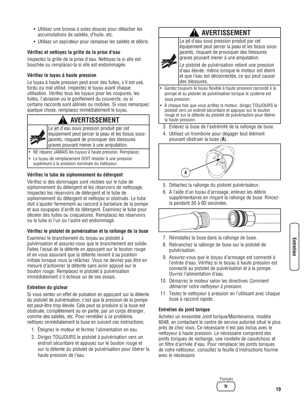 Briggs & Stratton 2900 PSI manual Vérifiez et nettoyez la grille de la prise deau, Vérifiez le tuyau à haute pression 