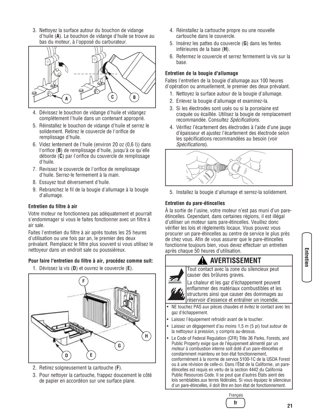 Briggs & Stratton 2900 PSI manual Entretien du filtre à air, Entretien de la bougie dallumage, Entretien du pare-étincelles 