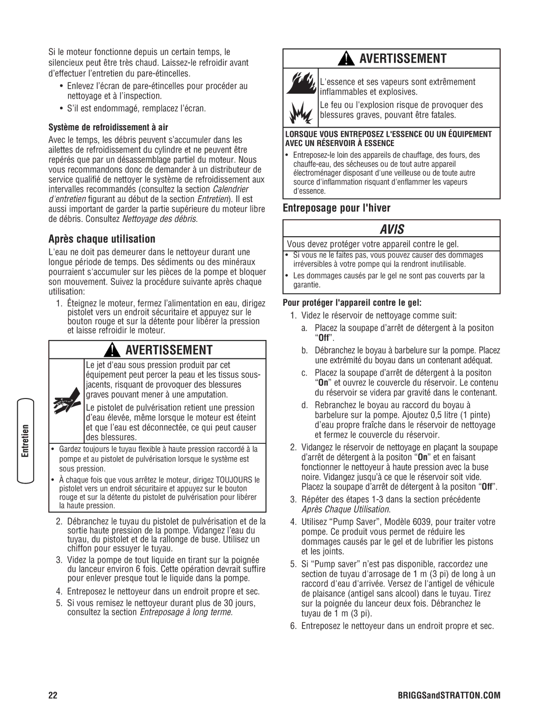 Briggs & Stratton 2900 PSI manual Après chaque utilisation, Entreposage pour lhiver, Système de refroidissement à air 