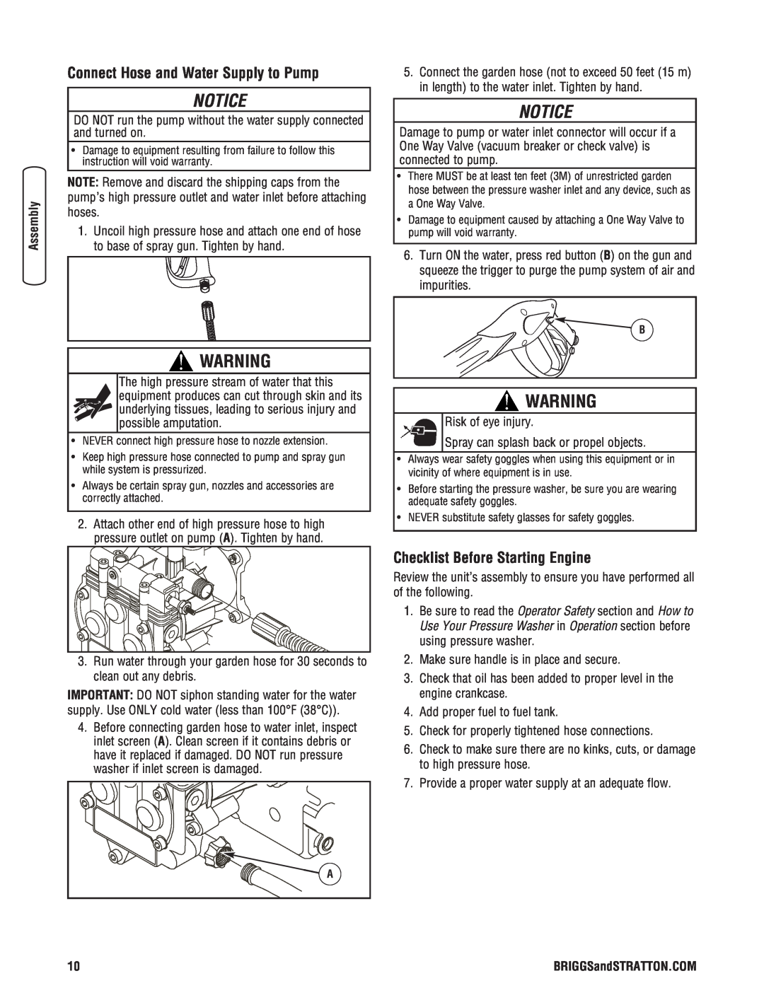 Briggs & Stratton 2900 PSI manual Notice, Connect Hose and Water Supply to Pump, Checklist Before Starting Engine 