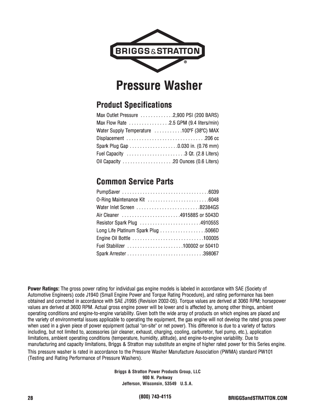Briggs & Stratton 2900 PSI manual Product Specifications, Common Service Parts, Pressure Washer 