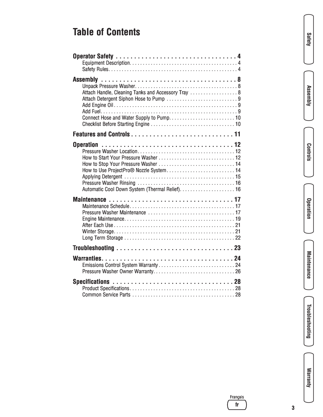 Briggs & Stratton 2900 PSI manual Table of Contents, Français 