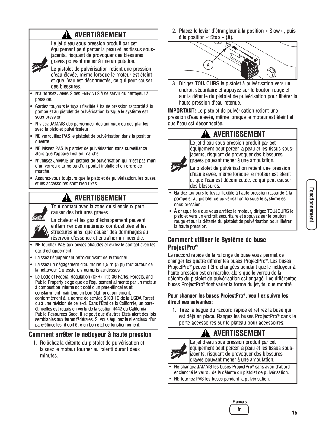 Briggs & Stratton 2900 PSI manual Avertissement, Comment arrêter le nettoyeur à haute pression 