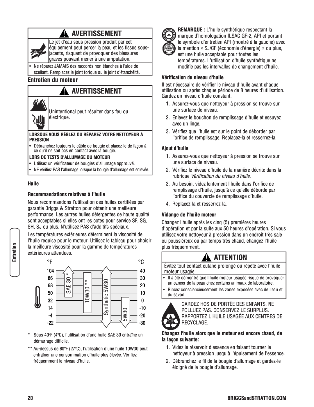 Briggs & Stratton 2900 PSI manual Avertissement, Huile Recommandations relatives à l’huile, Vérification du niveau dhuile 