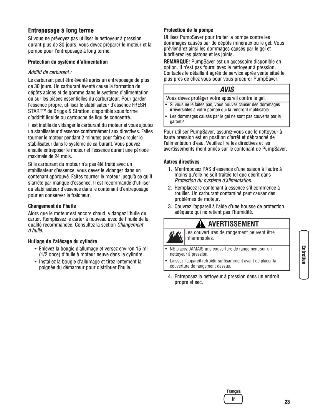 Briggs & Stratton 2900 PSI manual Avis, Avertissement, Protection du système d’alimentation, Changement de lhuile 