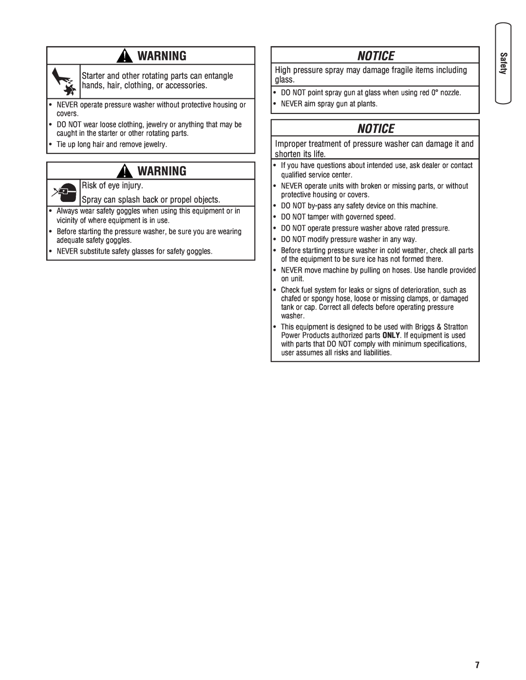 Briggs & Stratton 2900 PSI manual Notice, Risk of eye injury, Spray can splash back or propel objects 