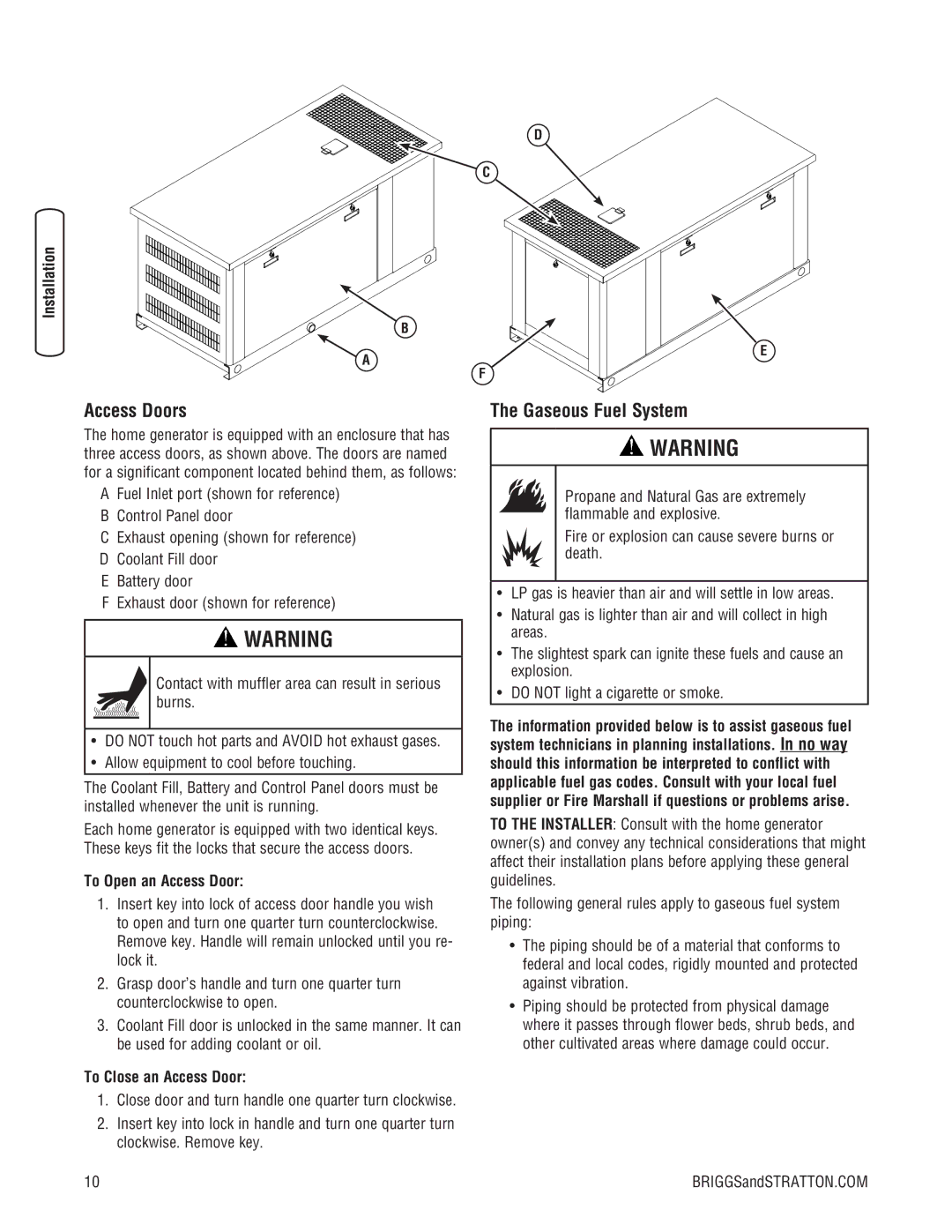 Briggs & Stratton 30000 SERIES Access Doors, Gaseous Fuel System, To Open an Access Door, To Close an Access Door 