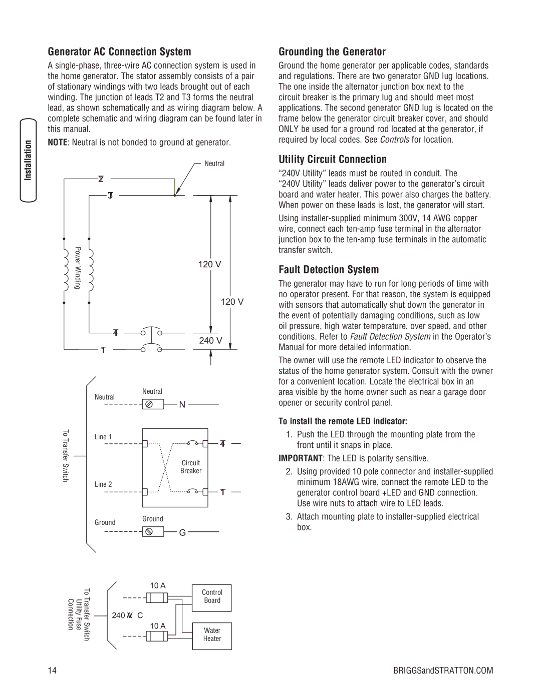 Briggs & Stratton 30000 SERIES Generator AC Connection System, Grounding the Generator, Utility Circuit Connection 