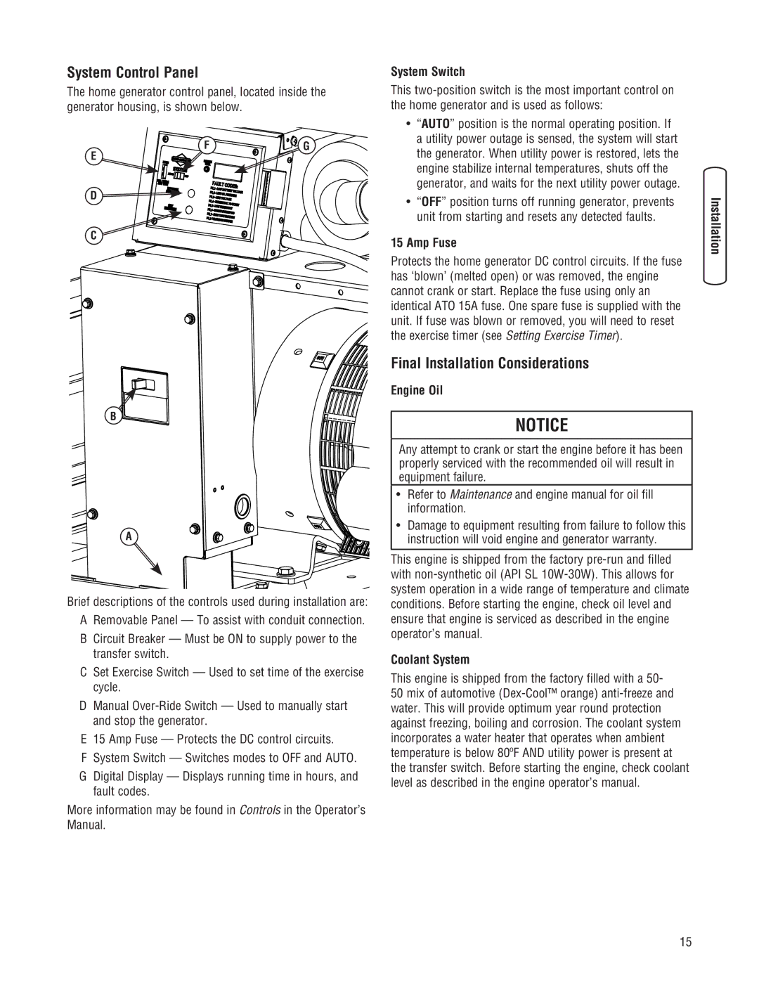 Briggs & Stratton 30000 SERIES system manual System Control Panel, Final Installation Considerations 