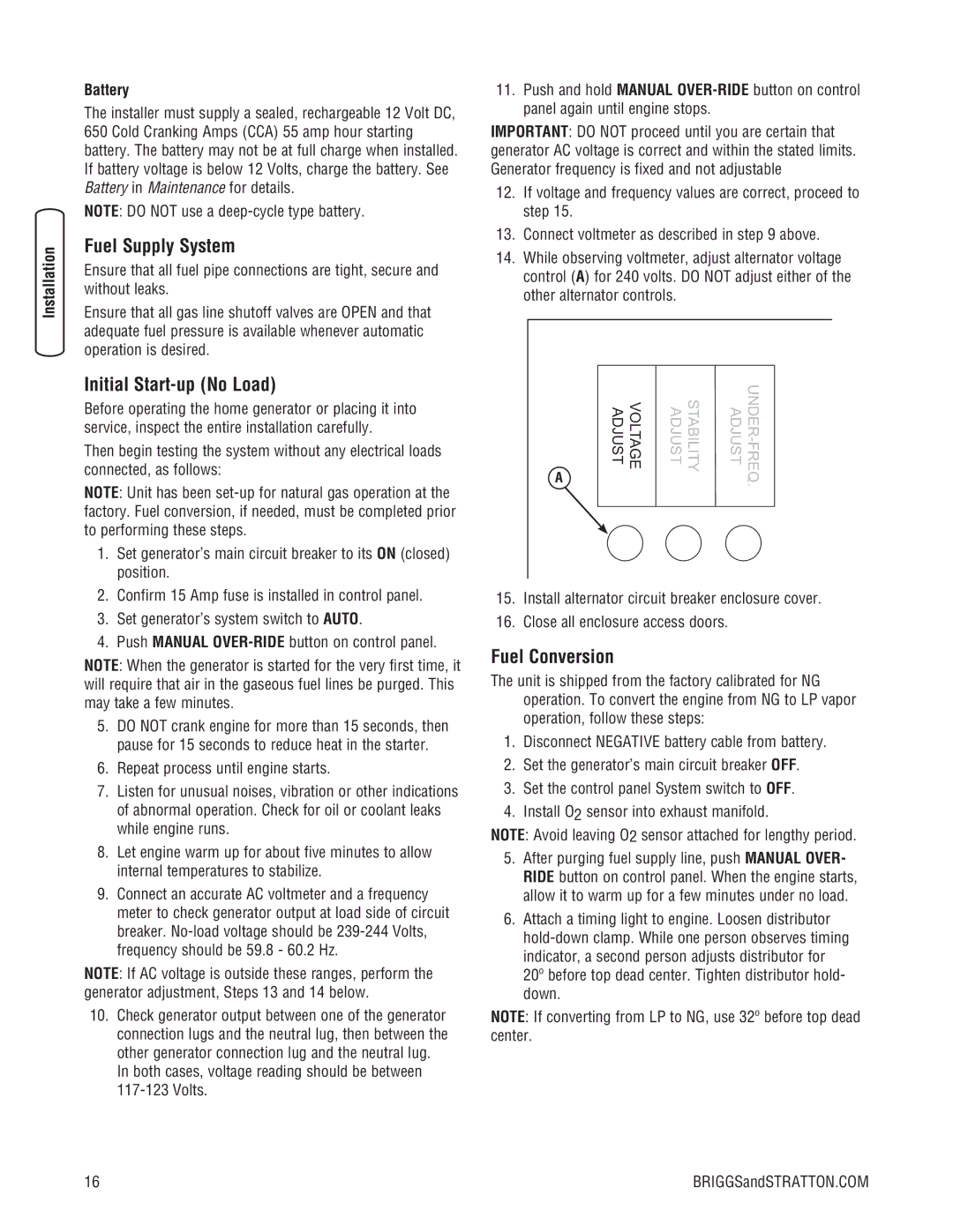 Briggs & Stratton 30000 SERIES system manual Fuel Supply System, Initial Start-up No Load, Fuel Conversion, Battery 