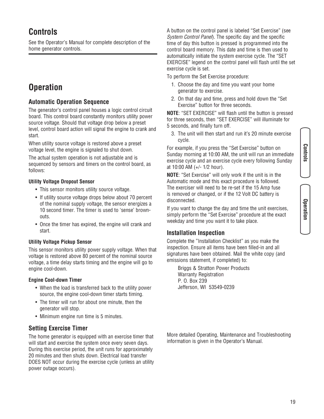 Briggs & Stratton 30000 SERIES Controls, Automatic Operation Sequence, Setting Exercise Timer, Installation Inspection 